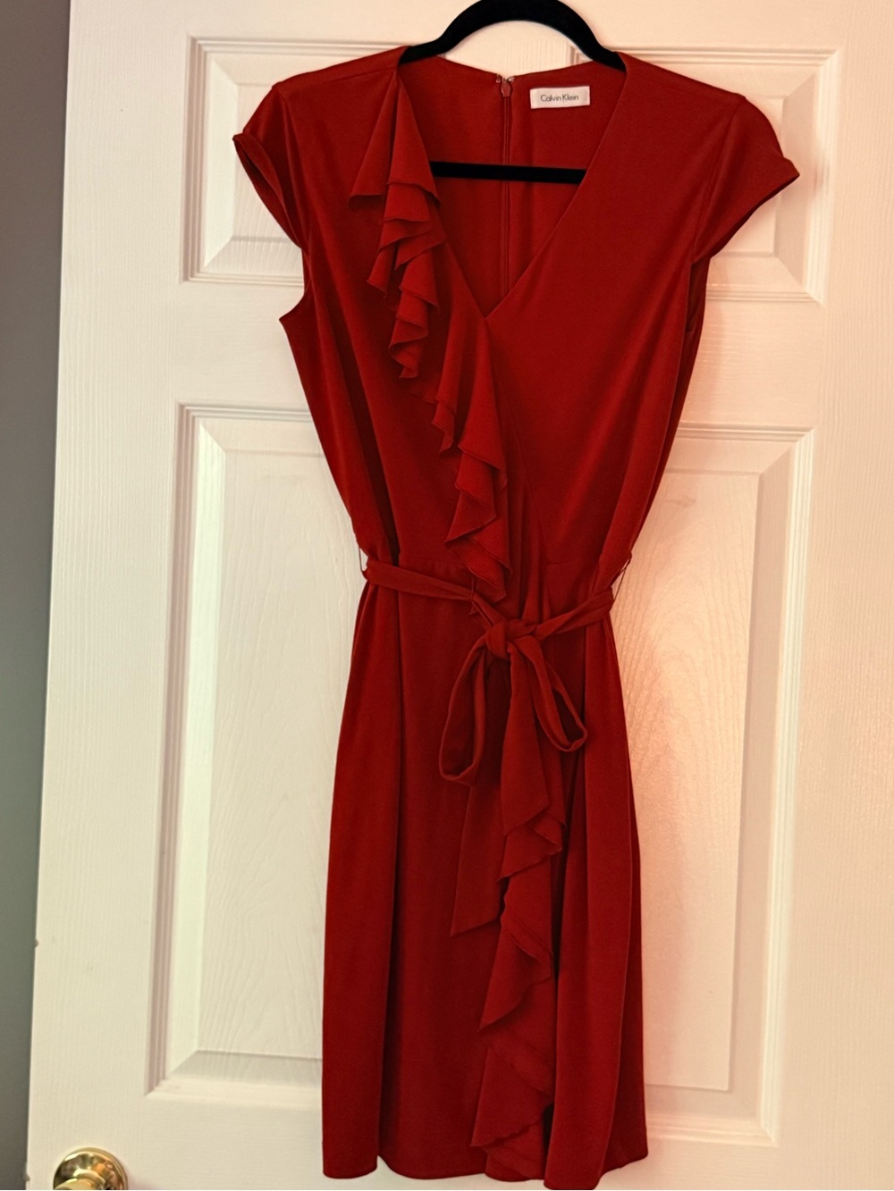 Calvin Klein Crimson Ruffle Wrap Midi Dress